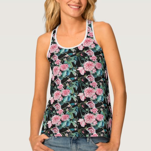 Pink Rose Black Floral watercolor Ladies Singlet Tank Top