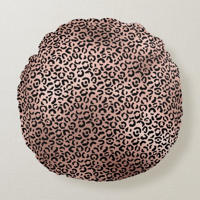 Pink Rose Black Leopard Print Round Pillow (Front)