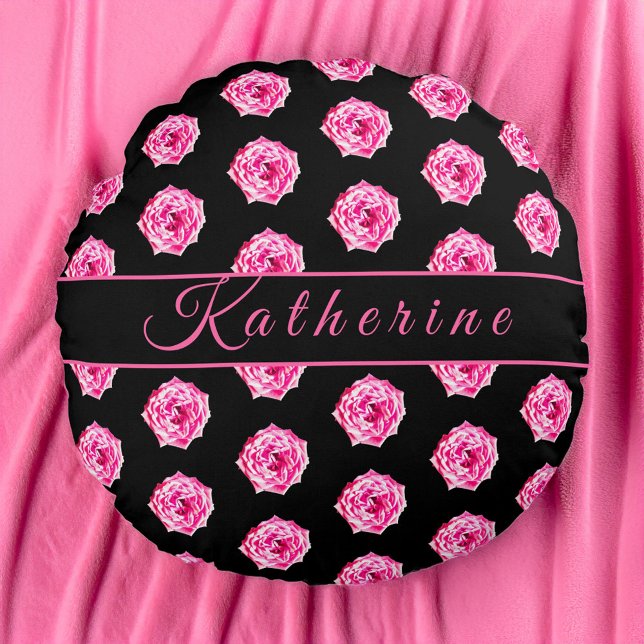Pink Rose Black Personalized Round Pillow (Creator Uploaded)