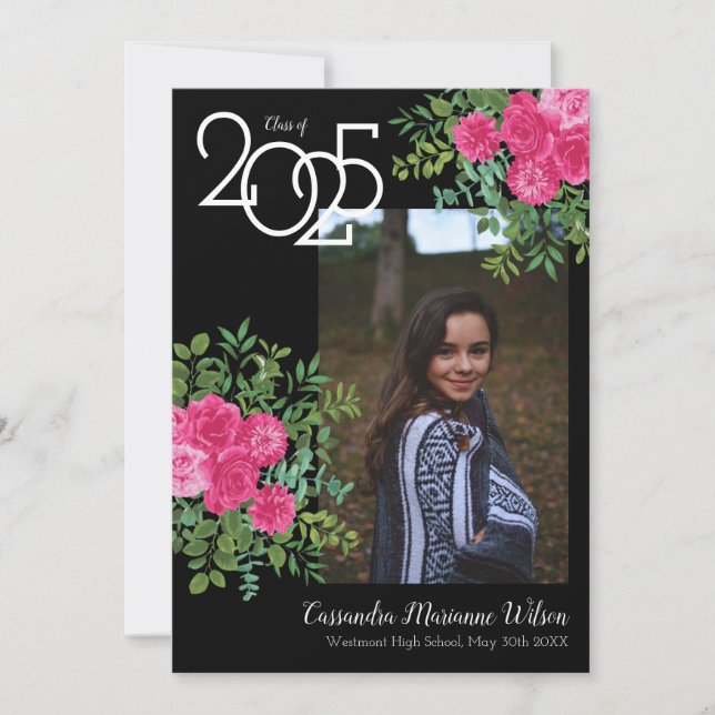 Pink Rose Black Photo Graduation Announcement (Front)
