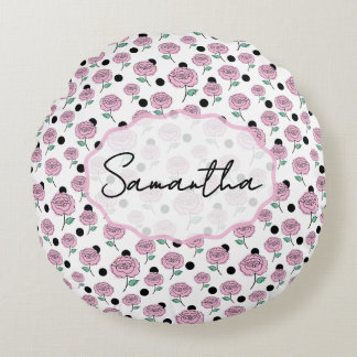 Pink Rose Black Polka Dot Graphic Pattern Modern Round Pillow