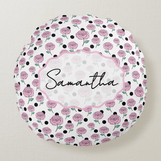 Pink Rose Black Polka Dot Graphic Pattern Modern   Round Pillow (Front)