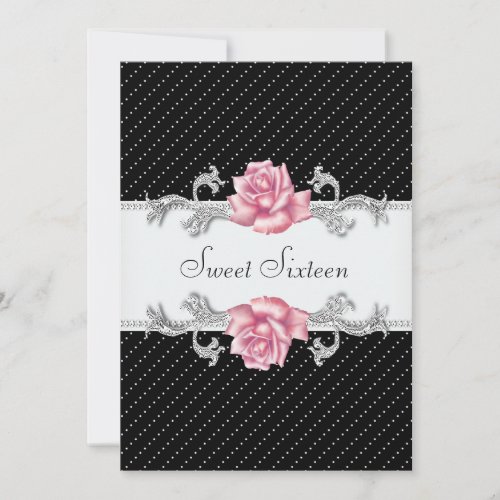 Pink Rose Black Polka Dot Sweet Sixteen Birthday Custom Invitation