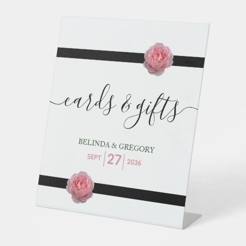 Pink Rose Black Ribbon Wedding Cards  Gifts Pedestal Sign