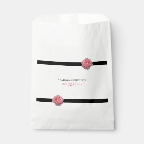 Pink Rose Black Ribbon Wedding Favor Bag