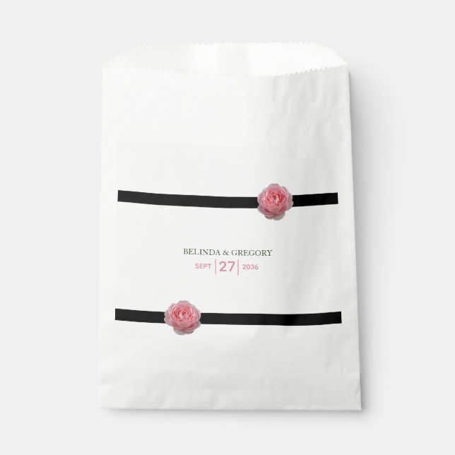 Pink Rose Black Ribbon Wedding Favor Bag (Front)