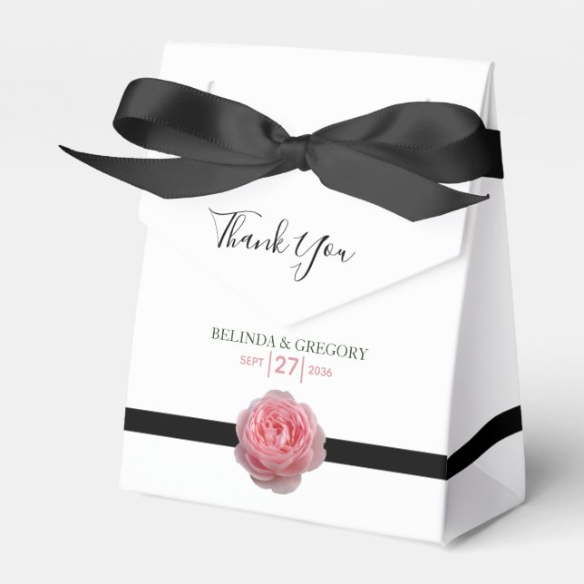 Pink Rose Black Ribbon Wedding Favor Boxes (Front Side)
