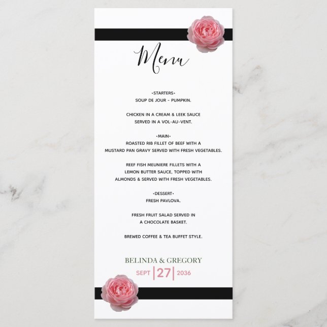 Pink Rose Black Ribbon Wedding  Menu (Front)
