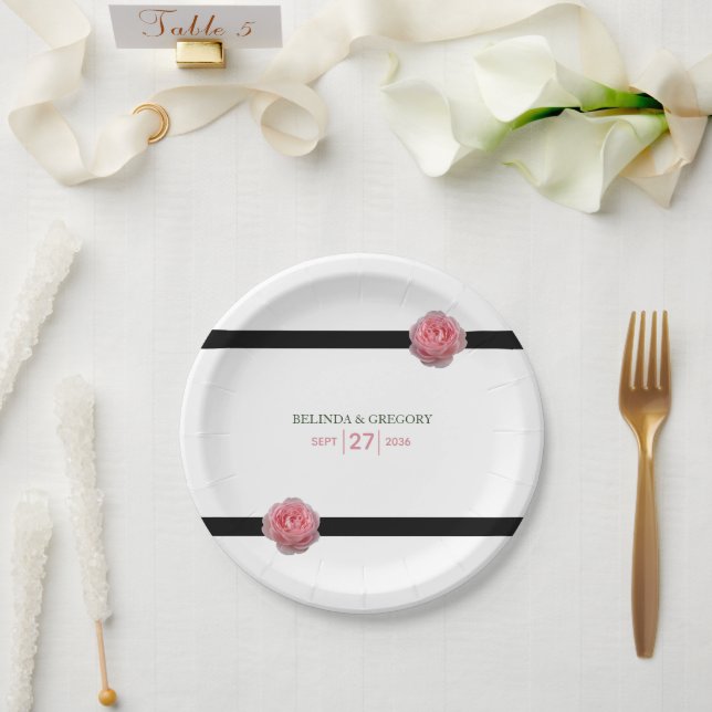 Pink Rose Black Ribbon Wedding  Paper Plates (Wedding)