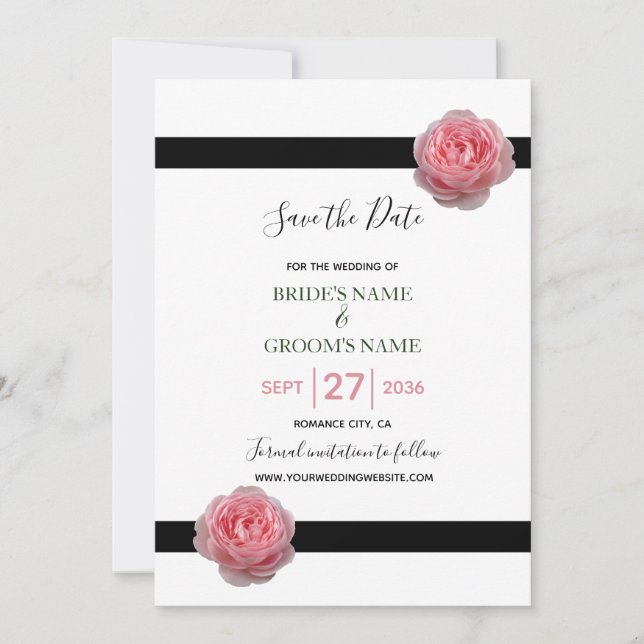 Pink Rose Black Ribbon Wedding Save The Date (Front)