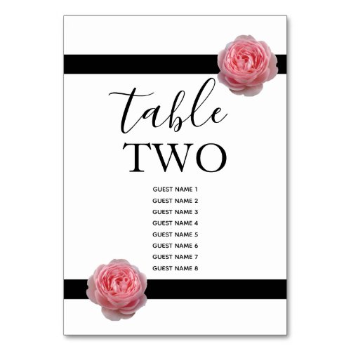 Pink Rose Black Ribbon Wedding Table Number