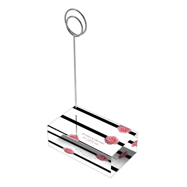 Pink Rose Black Ribbon Wedding Table Number  Place Card Holder (Corner)
