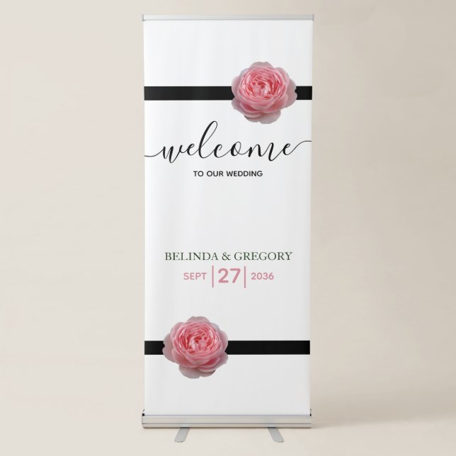Pink Rose Black Ribbon Wedding Welcome Sign (Front)