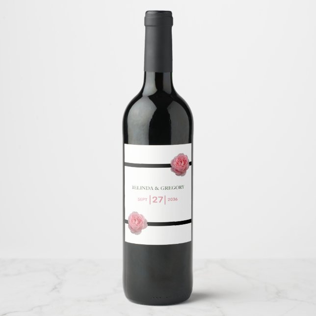 Pink Rose Black Ribbon Wedding Wine Label (Front)