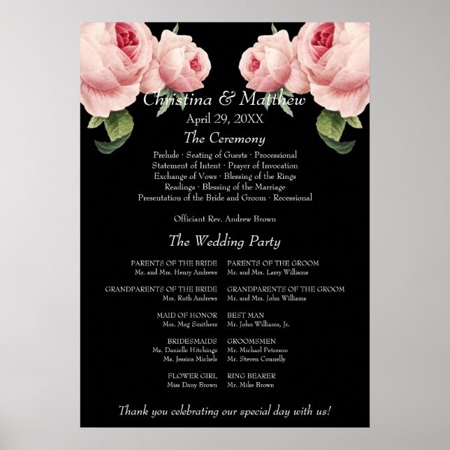 Pink Rose black vintage Wedding Ceremony Program Poster (Front)