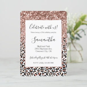 Pink Rose Black White Leopard Glitter Sparkle Invitation