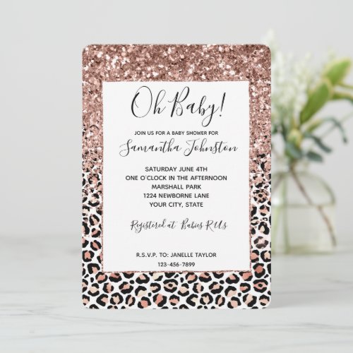 Pink Rose Black White Leopard Glitter Sparkle  Invitation