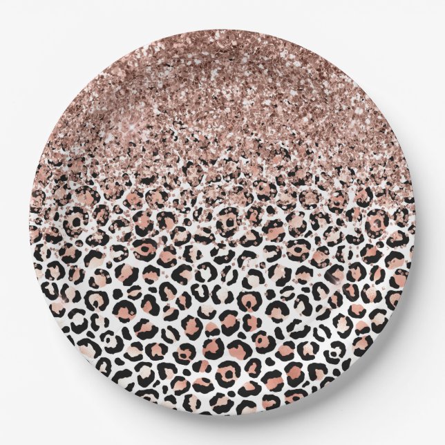 Pink Rose Black White Leopard Glitter Sparkle      Paper Plates (Front)