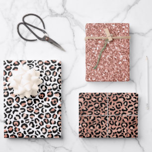Pink Rose Black White Leopard Wrapping Paper Sheets