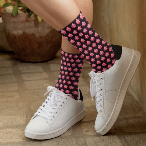 Pink Rose Bloom on Black Floral Pattern Socks