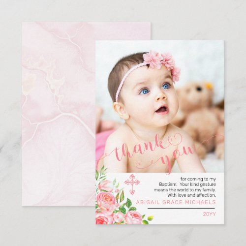 Pink Rose Blooms Baptism Photo Thank You