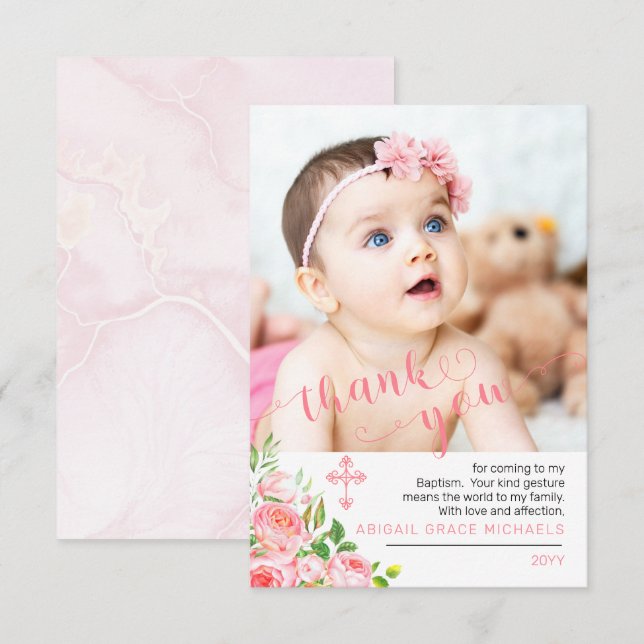 Pink Rose Blooms Baptism Photo Thank You Card (Front/Back)