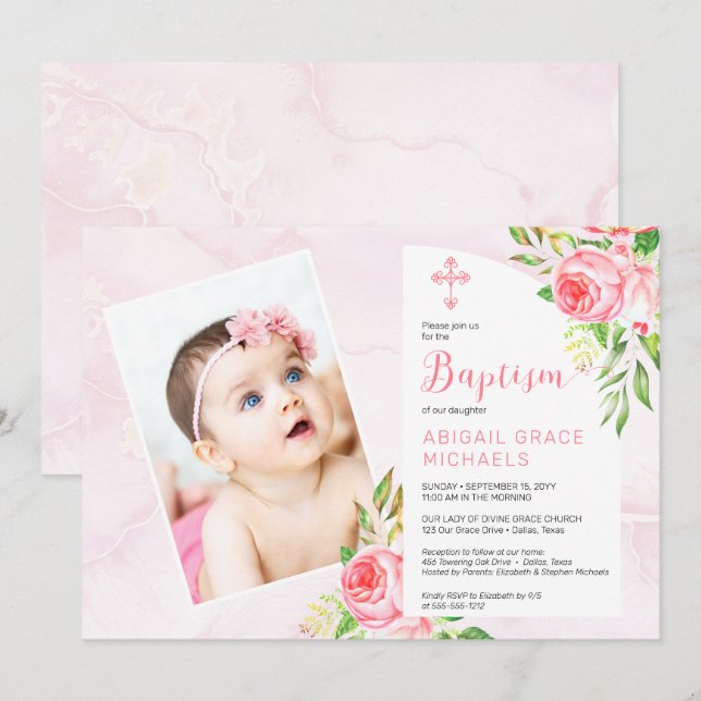 Pink Rose Blooms Girl Baby Photo Baptism  Invitation (Front/Back)