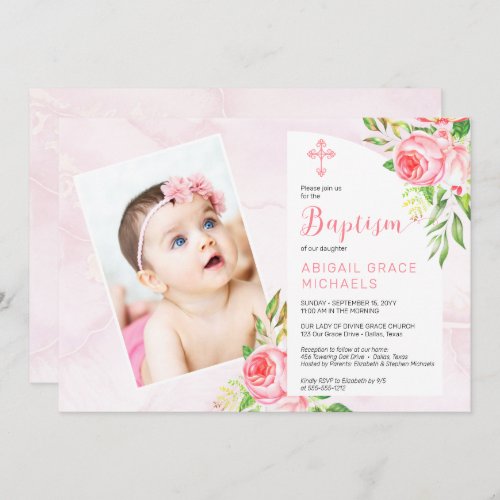 Pink Rose Blooms Girl Baby Photo Baptism  Invitation
