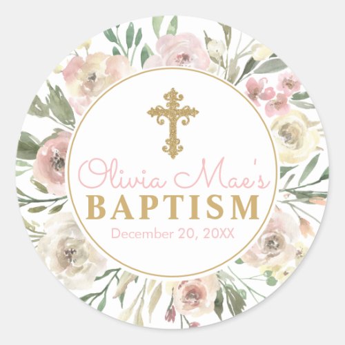 Pink Rose Blooms Girl Baptism Favor Tag Stickers