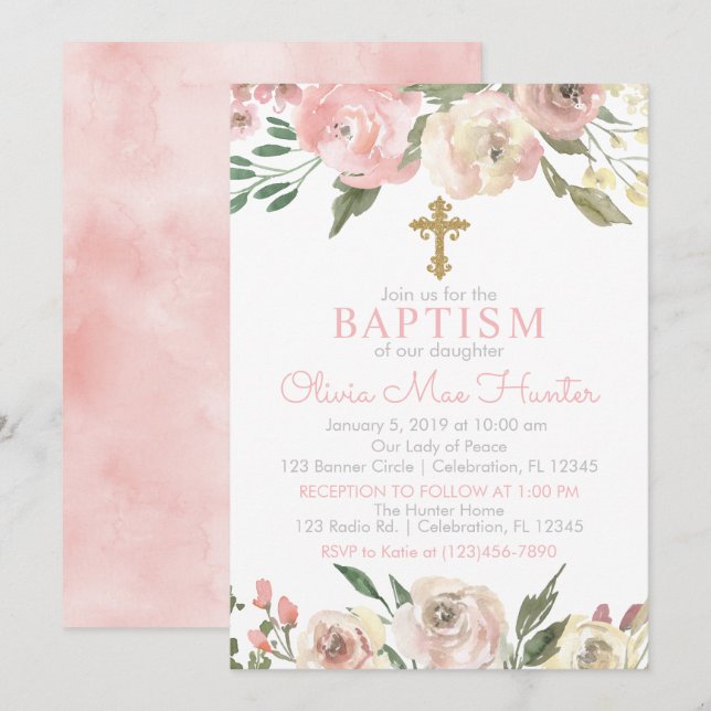 Pink Rose Blooms Girl Baptism Invitation (Front/Back)