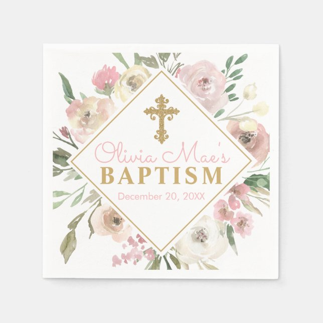 Pink Rose Blooms Girl Baptism Napkins (Front)