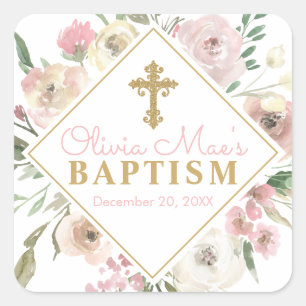 Pink Rose Blooms Girl Baptism Square Stickers