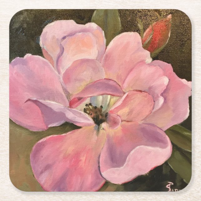 Pink Rose Blossom Opened Fine Art Oil Painting Square Paper Coaster (Front)