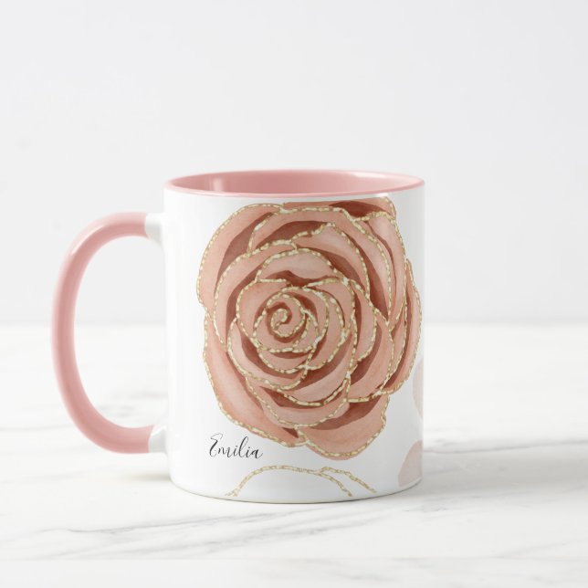 Pink Rose Blossom Pretty Name Mug (Left)