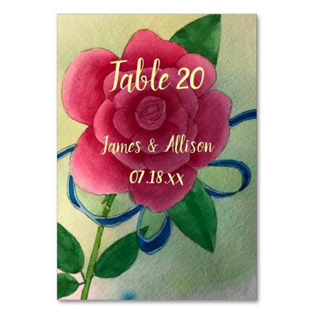 Pink Rose Blue Ribbon Personalized Table Cards (Front)