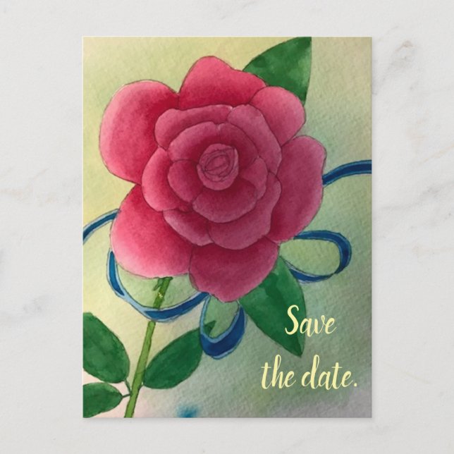 Pink Rose Blue Ribbon Save the date Postcards (Front)
