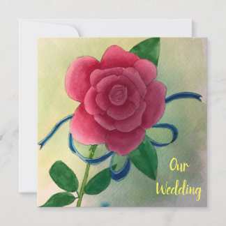 Pink Rose Blue Ribbon Watercolor Wedding Invites
