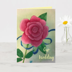Pink Rose Blue Ribbon Wedding Invitation Cards