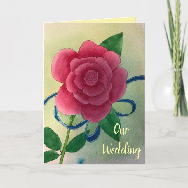 Pink Rose Blue Ribbon Wedding Invitation Cards (Front)