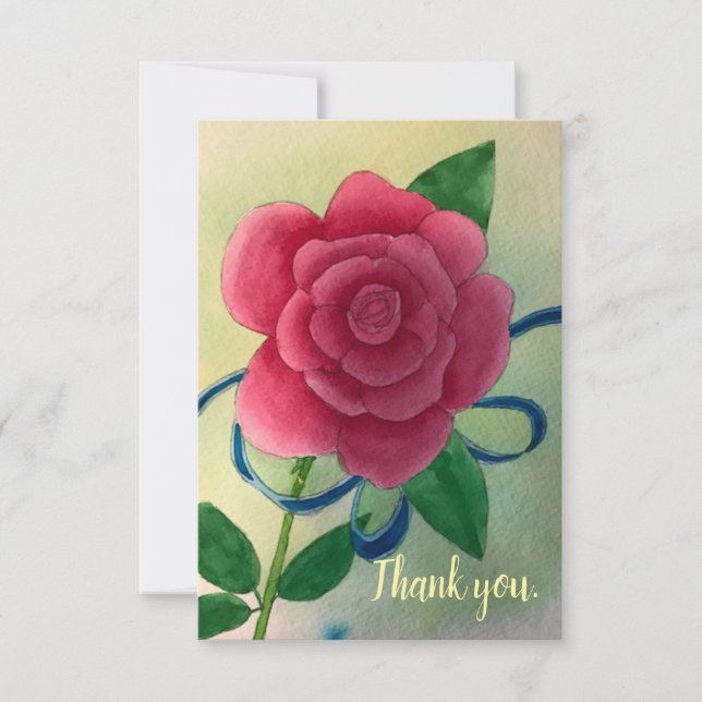 Pink Rose Blue Ribbon Wedding Thank you Cards (Front)