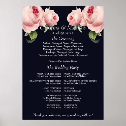 Pink Rose blue vintage Wedding Ceremony Program Poster