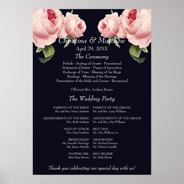 Pink Rose blue vintage Wedding Ceremony Program Poster (Front)