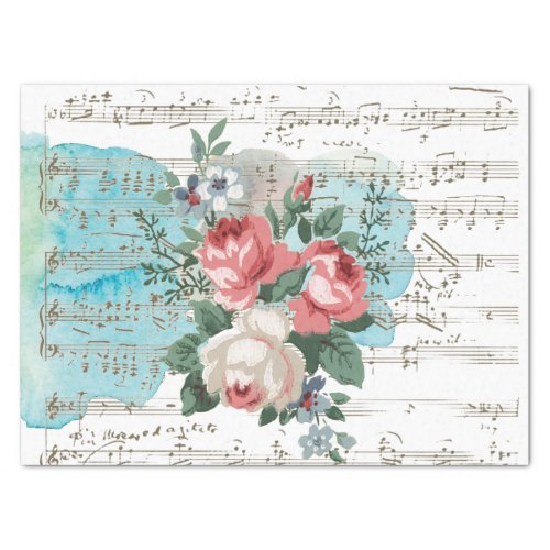Pink Rose Blue Watercolor Sheet Music Vintage
