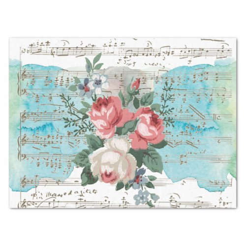 Pink Rose Blue Watercolor Sheet Music Vintage