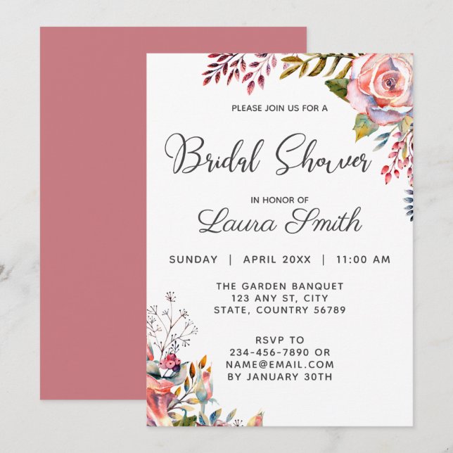 Pink Rose Blush Floral Bridal Shower Invitation (Front/Back)