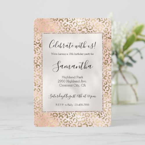 Pink Rose Blush Gold Leopard Animal Print   Invitation