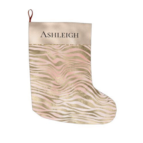 Pink Rose Blush Gold Zebra Animal Print Name    Large Christmas Stocking