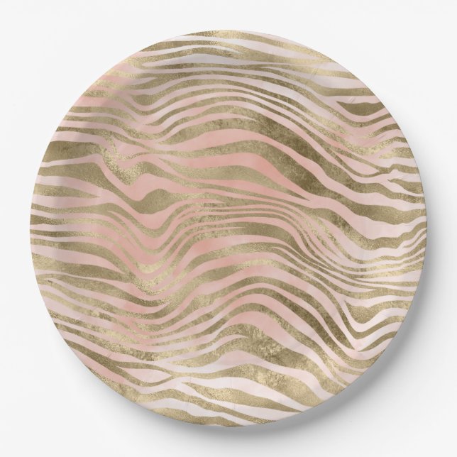 Pink Rose Blush Gold Zebra Animal Print    Paper Plates (Front)