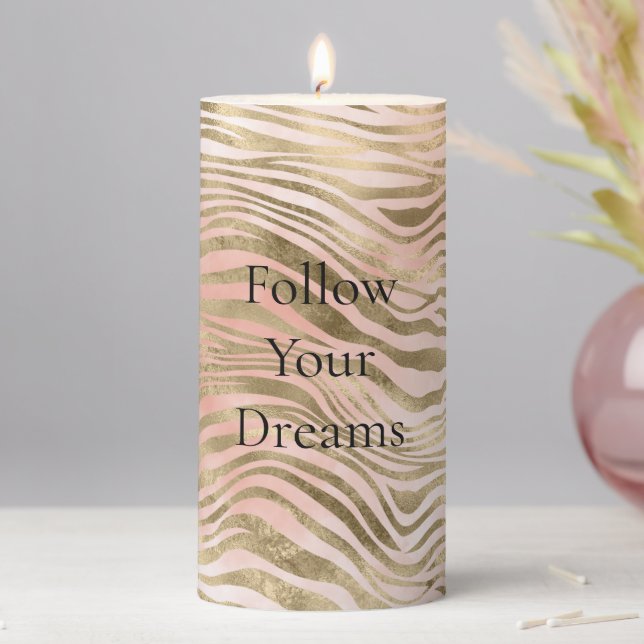 Pink Rose Blush Gold Zebra Animal Print          Pillar Candle (In Situ)