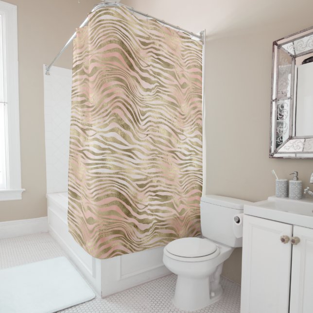 Pink Rose Blush Gold Zebra Animal Print     Shower Curtain (In Situ)